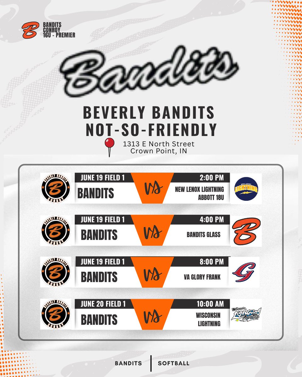 Bandit16uConroy's tweet photo. Here is our Schedule for the Bandits Not So Friendly this upcoming weekend in Crown Point, IN https://t.co/nVELFfvUso