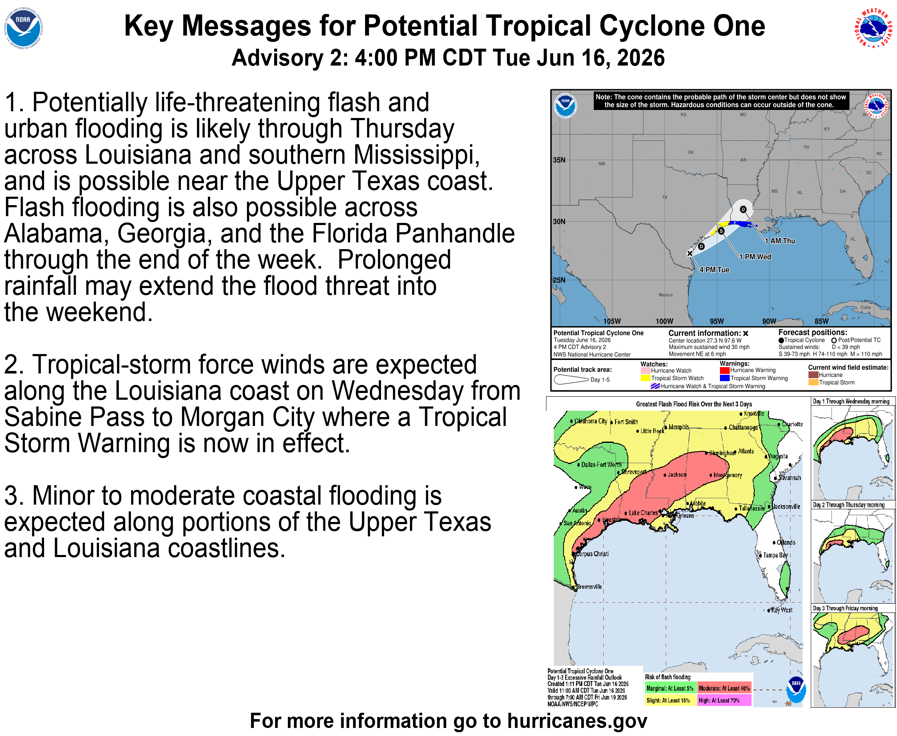 NHC_Atlantic's tweet photo. 6/16 4 PM CDT Key Messages for Potential Tropical Cyclone One. Please visit https://t.co/tW4KeGdBFb and https://t.co/SiZo8ozBbn for the latest information. https://t.co/db8yyC53rU
