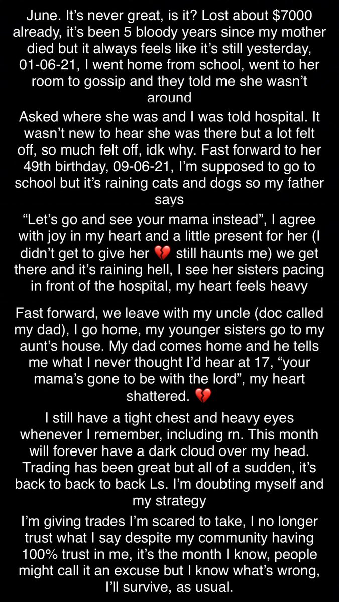 lifeofchibs's tweet photo. It’s been ONE hell of a month for me. I’ve finally decided to let go and step down for my personal trades and focus on grieving my late mother properly, you really can’t cheat nature but I’m grateful for my community, my DMs are full, snap, TikTok, Instagram, WhatsApp. My community still standing with me and putting all their trust in me despite me losing trust in myself speaks volume, I’ve built a firm and loyal community and I’m grateful to God for that. The support has been insane and I do not take any of them for granted. I also thank them for allowing me live through this pain without feeling like a burden.❤️

Thank you Jesus. I’m forever a winner. Meanwhile I’ve been very sure to keep my signal gc trading steady and active. We’re yet to record an L in forever and I have God to thank for that. I don’t mix business with pleasure. I will handle my dirty linen but I’ve always come through for my community!

#forex