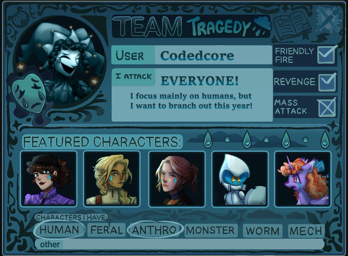 CodedCore0's tweet photo. Team Tragedy wants YOU for Art Fight 🎭

#artfight #teamtragedy https://t.co/dcIWuY9Zjn