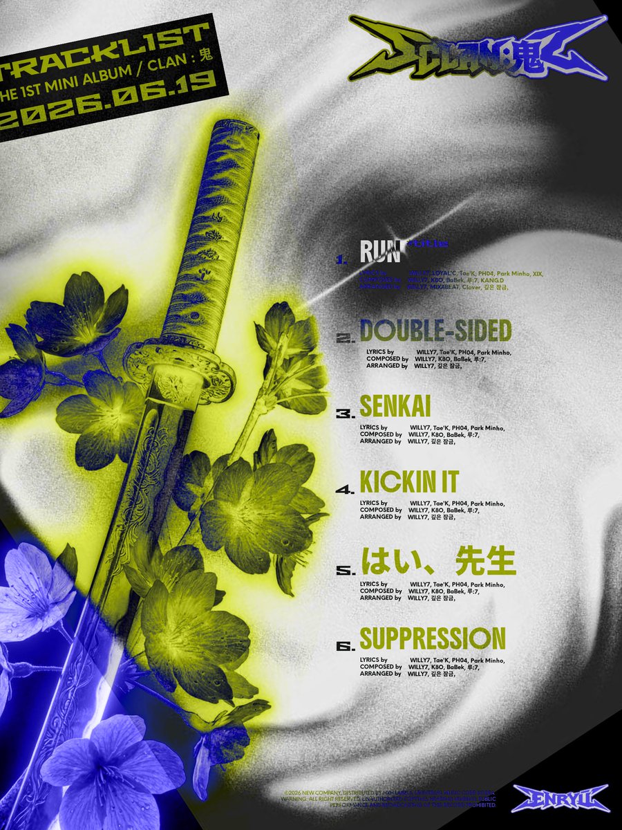 ENRYU_hxn's tweet photo. ENRYŪ えんりゅう 'CLAN : 鬼' Tracklist
ENRYŪ えんりゅう The 1st Mini Album 【CLAN : 鬼】
➫ 2026.06.19 6PM (KST)
💿Pre-order https://t.co/N6sd7apegX
#ENRYŪ #えんりゅう
#EXC #특별한생명공학실험
#CLAN_鬼 #1stMiniAlbum https://t.co/eRQg25ZIFV