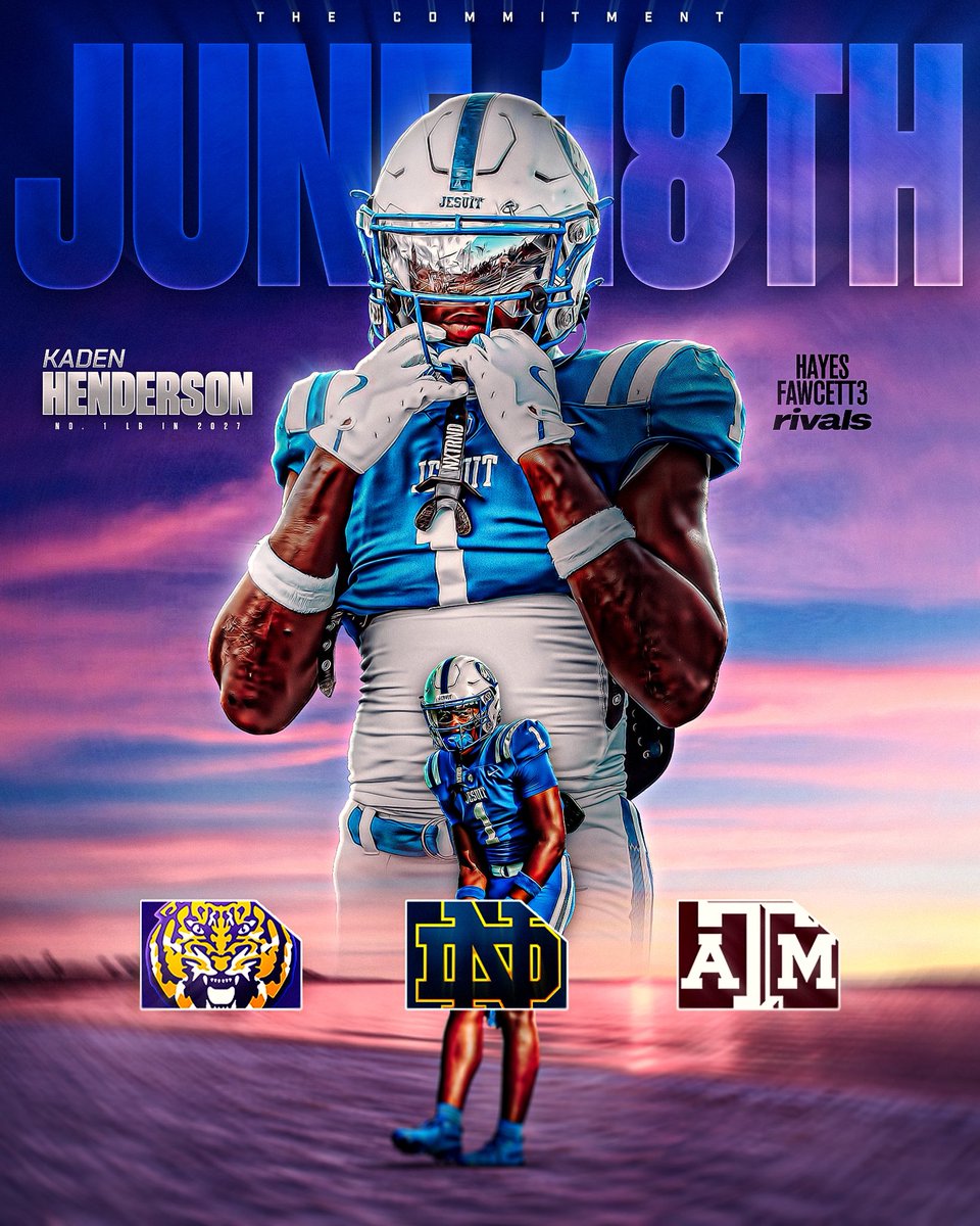 Hayesfawcett3's tweet photo. NEWS: Five-Star LB Kaden Henderson will announce his commitment on Thursday, June 18th, he tells me for @Rivals

The No. 1 LB in the 2027 Class will choose between LSU, Notre Dame, and Texas A&amp;M

https://t.co/iBF0yGEqQk https://t.co/XHBztPY0jQ