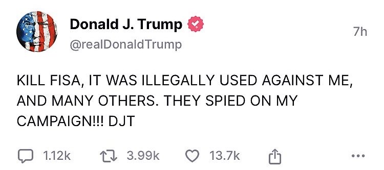 RealAngryAlaska's tweet photo. @LeaderJohnThune I stand with Trump on this one.

KILL FISA!! It’s liberal nanny state bullsh!t!! https://t.co/at1otAKsU3