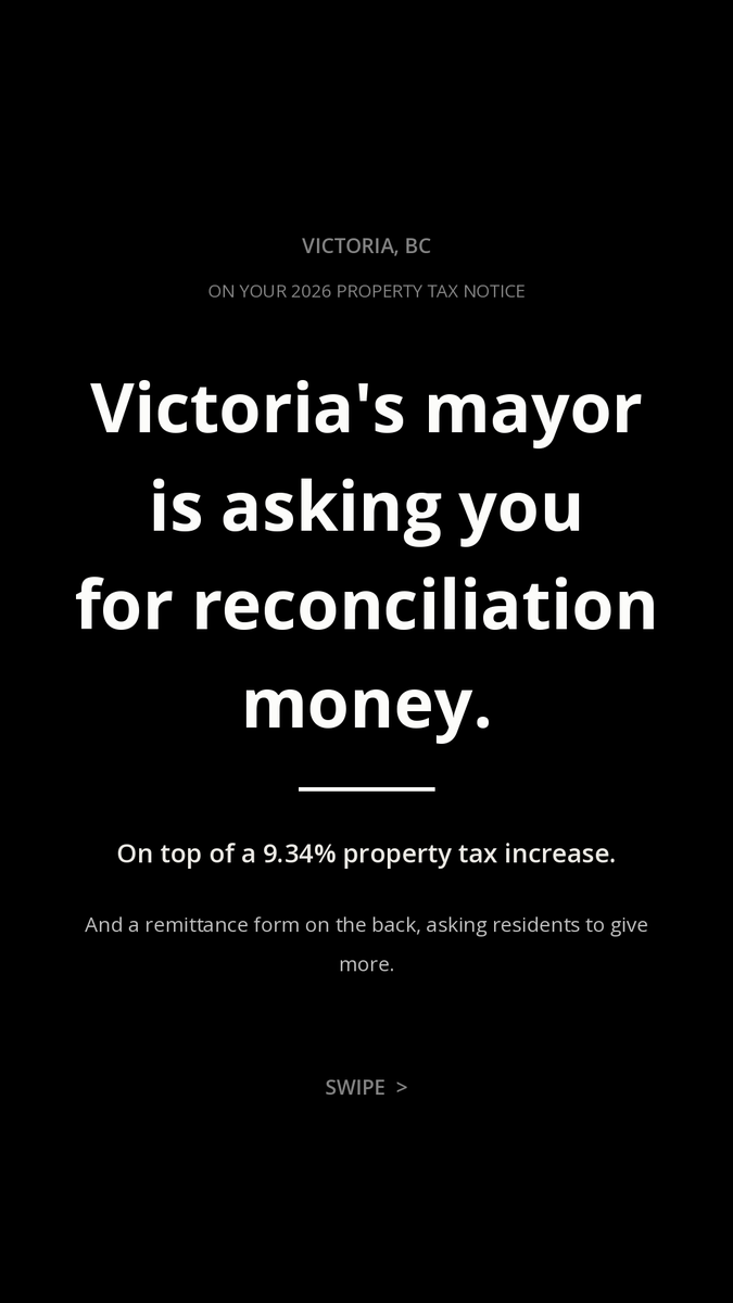 BCPoliticsWatch's tweet photo. On a formal city tax notice - Victoria's Mayor, Marianne Alto asked residents to contribute money towards "reconciliation," suggesting 5 or 10% of your tax bill. We already contribute 200k and a portion of other projects like support them. #DRIPA #yyjpoli #bcpoli https://t.co/N1po53SWhh