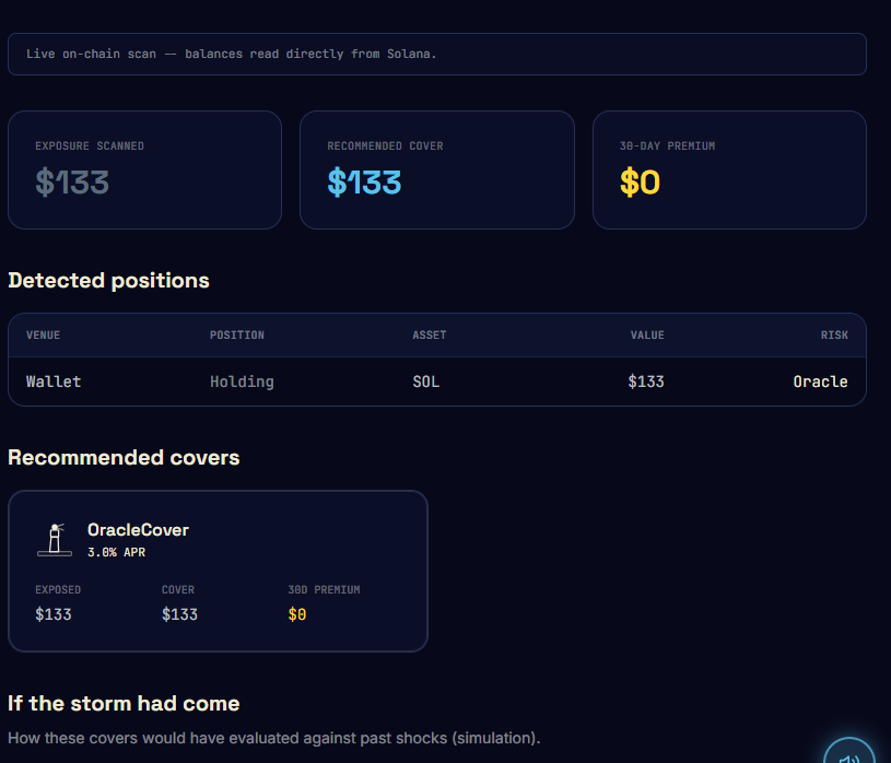 Berm_sh's tweet photo. A fix went out on the Cover Designer.

Until now the wallet scan wasn't reading your live on-chain balances correctly -- it fell back to placeholder estimates. That is fixed. It now reads the wallet's real balances directly from Solana -- stablecoins, LSTs, SOL -- and maps each holding to the cover that fits, with a premium quote.

Read-only, no signature, no coin required. Point it at your wallet and check.

https://t.co/gUUPdRUaUW