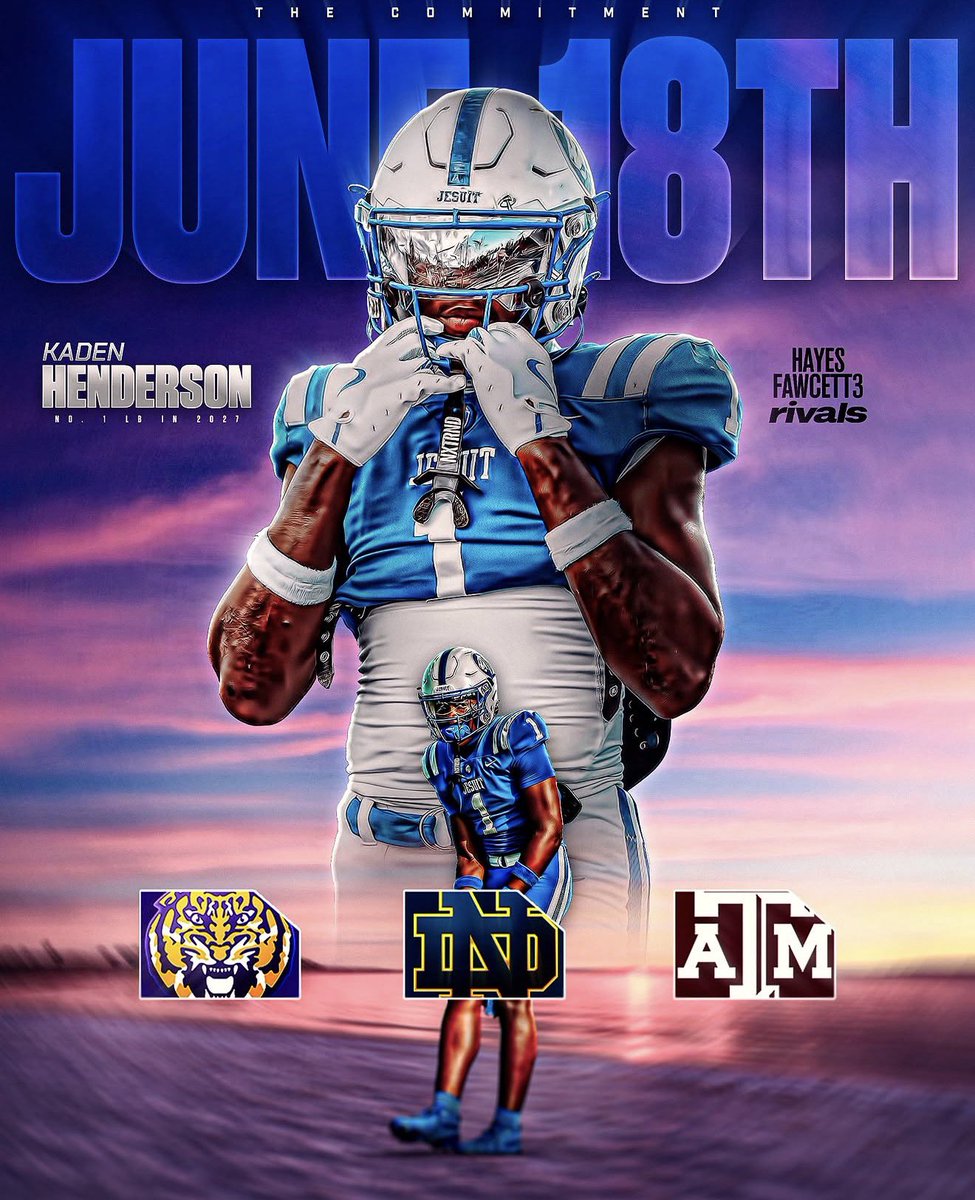 LaneKiffinLvr's tweet photo. 🚨BREAKING : 5⭐️ Kaden Henderson will announce his commitment on June 18th ! 👀

The number 1 LB  in the 2027 Class will choose between LSU, Notre Dame, and Texas A&amp;M. 🐯

#JustDifferent #LaneKiffin #LSU https://t.co/tzUYAwe3TV