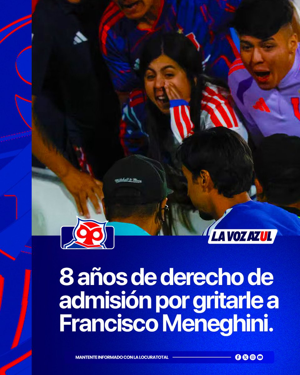 LaVozAzulLT's tweet photo. ❌Insólito | Daniela López, hincha de Universidad de Chile que se hizo viral por la imagen donde sale gritándole a quien era técnico azul, Francisco Meneghini, recibió 8 años de derecho de admisión.

La carta notificada se divide en 4 años por incitación a la violencia y otros 4 años por amenazas directas al ahora ex DT laico.

#VamosLaU #LocuraTotal 🔵🔴🤘🏻