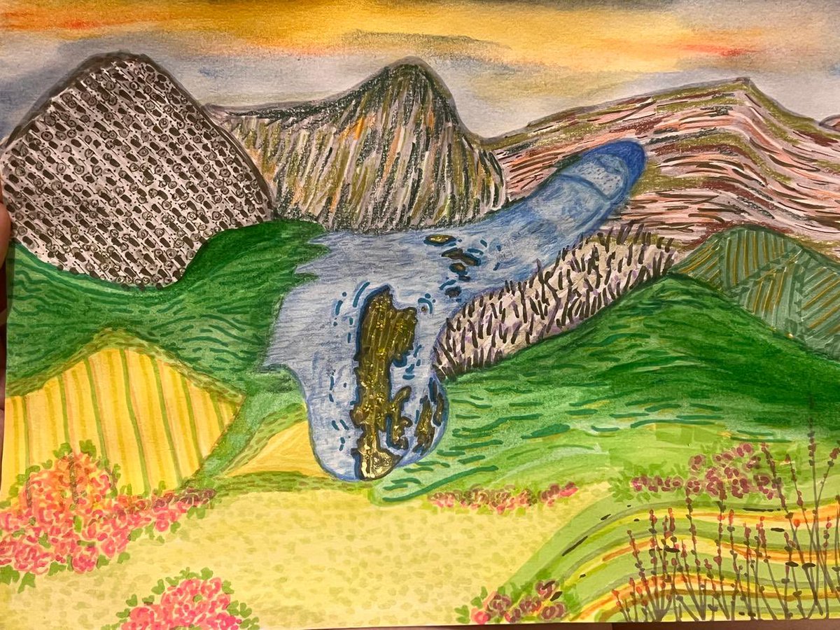 Viti_guy's tweet photo. Another different style piece made by an anonymous artist.

I love how she put my spots in gold color and the mountains around. 🫶🏼 I like to imagine the mountains are my leg and the different colors are the shadowing. Definitely a very creative drawing. ☺️ https://t.co/WAtACXf1Jm