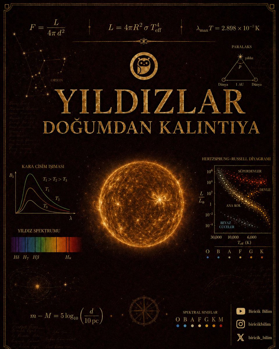 biricik_bilim's tweet photo. Bir yıldız neden kendi kütleçekimi altında hemen çökmez?

Gökyüzünde gördüğümüz yıldızlar yalnızca ışık saçan noktalar değil; içeride kütleçekimi, basınç, sıcaklık, ışınım ve kuantum mekaniğinin sürekli mücadele ettiği dev fizik laboratuvarlarıdır.

Yeni yazımızda yıldızların iç dengesini anlamak için temel sorudan başlıyoruz:

Bir yıldızı ayakta tutan şey nedir?

Bu bölümde kütle korunumu ve hidrostatik denge denklemlerini türetiyor; ideal gaz basıncı, ışıma basıncı ve dejenere elektron basıncının yıldız yaşamındaki rollerini inceliyoruz. Ardından Saha denklemiyle iyonizasyon dengesine, virial teoremle de yıldızların neden “enerji kaybederken ısınabildiği” fikrine geçiyoruz.

Kısacası: yıldızların dışarıdan gördüğümüz parlak yüzünün arkasındaki mekanik ve termodinamik düzeni anlamaya çalışıyoruz.

“Yıldızlar: Doğumdan Kalıntıya” serimizin yeni bölümü sitemizde yayında.

Okumak için bağlantı aracılığıyla ulaşabilirsiniz!
https://t.co/58D6Fpqura