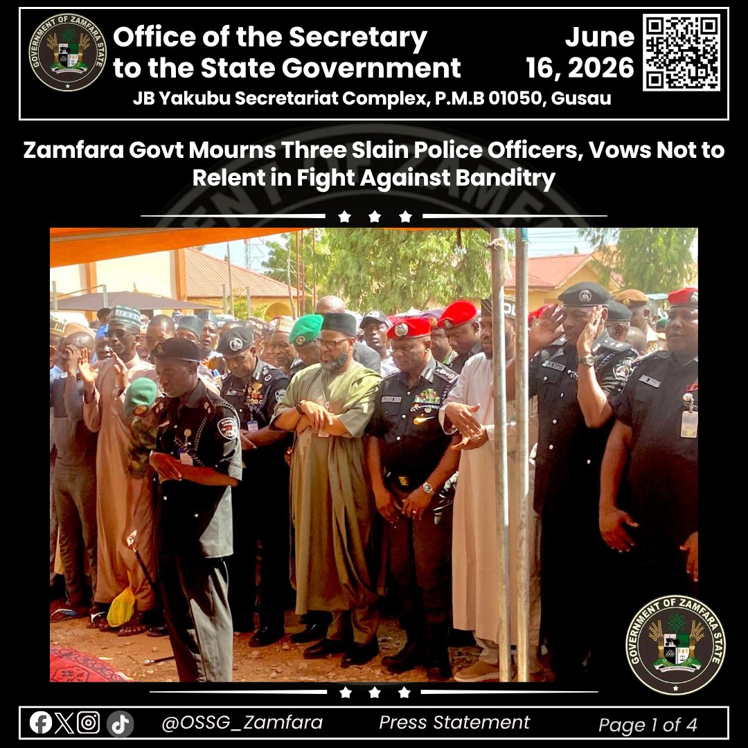 OSSG_Zamfara's tweet photo. ZAMFARA GOV'T MOURNS THREE SLAIN POLICE OFFICERS, VOWS NOT TO RELENT IN FIGHT AGAINST BANDITRY https://t.co/41uHwHCIcF