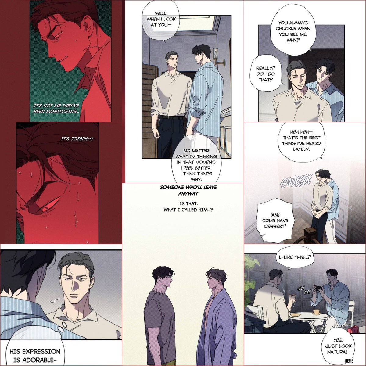 DiceRollHua's tweet photo. The way these are just some moments 🥲 they don't include Ian stroking Jo's hair or strangers calling Jo handsome lmao. Ian would call Jo attractive & handsome totally unprompted. Esp. after seeking Jo out. Remember when he complimented Jo's beauty marks? Even Jo's beauty mark on his dick got a compliment before that chopped... nevermind 🫢. 

& Ian thought of Jo softly as well; how many times did he stare mesmerized at Jo? When they were basically living together, I loved how they always used "we" 🥺. Ian cared when Jo looked down, followed him, was proud of his acceptance, told him he felt better just by looking at him, regretted not buying him flowers after seeing Jo's fine ass waiting for him, said he wanted to come back camping with him, thought Jo had adorable expressions, fondled his ass 😛, had sex flashbacks lol, had his tongue out panting for him after a kiss, basically thought Jo was to pretty to swallow his 😉 (remember his expression when he came in Jo's mouth?), looked amazed at Jo's photos, felt butterflies during their "it feels like the first time" moment even though Ian had slept with countless others before, showed rage when he thought Jo was being monitored, apologized to Jo after he saw him with his look alike even if they weren't together, loved that obessive look in his blue eyes, shivered when Jo said he would give up everything for Ian... I can never take them seriously when they say Ian never liked Jo or Jo was just a hook up. Jo was the first real relationship Ian had & the first love who put him first unconditionally. 

They love saying it's unrealistic how 98 made it seem like their love was so grand but they really don't understand that this is the most realistic way. Being clumsy, having misunderstandings, being shy, learning more about eachother...it was mutual. All of this happening in a few months just shows me how intense they were about each other. I will always wish Ian was written with more kindness. The fact that he carried all the blame to the end, including what was done against him by his "family"...I have too much to say anout that. Ian wasn't like a prize at all to Jo; he wasn't a possession. Jo told him from the beginning that he liked him, wouldn't ask for anything, he just wanted to be with Ian, would ask him if he was okay... do you remember when Jo asked Ian why he killed the subordinate? & Ian said nobody had ever asked him that? & then Jo went to make sure Ian was okay even if he was panicking? I wish Jo was also treated more kindly & that he was more selfish. 💙 
(done ranting, sorry this is all over the place lol)