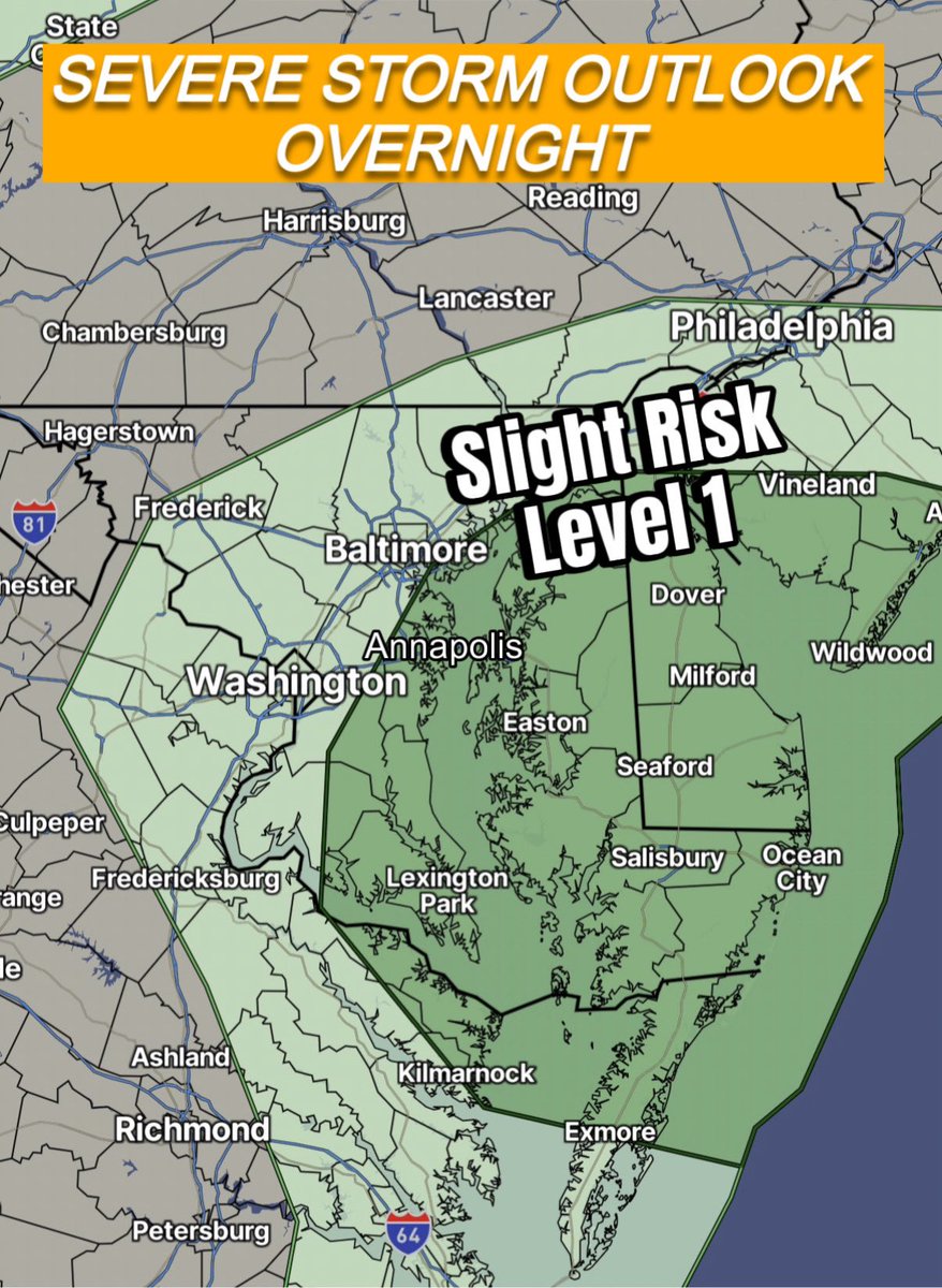 JustinWeather's tweet photo. ⚠️ Severe Storm Risk TONIGHT
⛈️ Loud Booms and Damaging Wind POSSIBLY- NOT Promised 
💻 Here are Suggestions from the HRRR AND RRFS Model Simulations. 

⏰ After Midnight into EARLY WED Jun 17 morning. 

👉🏻 The Storm Prediction Center has included Delmarva and Southern Maryland, with Annapolis and Baltimore on the fringe of storms with the potential to turn severe.

📝 This is NOT the same as the Extreme Event (Tornado Outbreak) expected in the Midwest tomorrow afternoon. 
This is the leading edge of warmer and more humid air moving in. 

Our next wider spread severe storm chance will be Thursday.