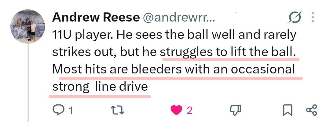 JermaineCurtis's tweet photo. I got a question from a dad recently:

"My son is 11U. He sees the ball well and rarely strikes out, but he struggles to lift the ball. Most of his hits are bleeders with an occasional strong line drive."

Honestly, that's not a bad place to be.

If a player sees the ball well and rarely strikes out, you've already solved one of the hardest parts of hitting.

The problem is what happens next.

Most parents see weak ground balls and think:

"He needs to learn how to lift the baseball."

I actually look at it differently.

Most young hitters don't need to learn how to lift the baseball.

They need to learn how to drive it.

Because when a hitter learns how to drive the baseball, the ball starts carrying on its own.

That's where I use something called the Break The Wall Drill.

I tell hitters:

Don't just hit the baseball.

Imagine there's a wall 6 inches behind it.

Your job is to break the wall.

A lot of young hitters make contact and stop.

The barrel slows down.

The result is bleeders, weak ground balls, and soft contact.

The goal is to keep accelerating through the baseball.

Here's how I'd do it tonight:

Round 1

Place a tee even with the hitter's front foot after stride.

Hit 10 line drives right back through the middle.

The only thought:

Break the wall.

Round 2

Move the tee 6 inches farther out front.

Now hit 10 balls into the pull-side gap.

Again:

Break the wall.

What we're teaching is how to continue through the baseball instead of stopping at contact.

Most hitters who hit bleeders aren't weak.

They're simply slowing the barrel down too soon.

One thing I've learned:

Most young hitters who try to lift the ball end up getting under it.

Most young hitters who learn to drive line drives end up lifting the ball naturally.

So don't focus on lifting the baseball.

Focus on driving it.

The carry will take care of itself.

Thank you for reading,
- Jermaine Curtis

P.S. - If you enjoyed this, and thought it was helpful, please share it. 

(This tells me you want more content like this)