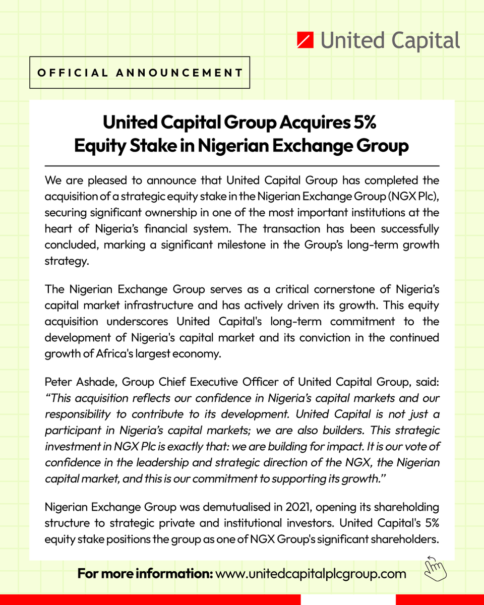ashade_peter's tweet photo. I’m excited to share that United Capital Plc has acquired a strategic 5% equity stake in @ngxgrp. https://t.co/5S50V9TzVG