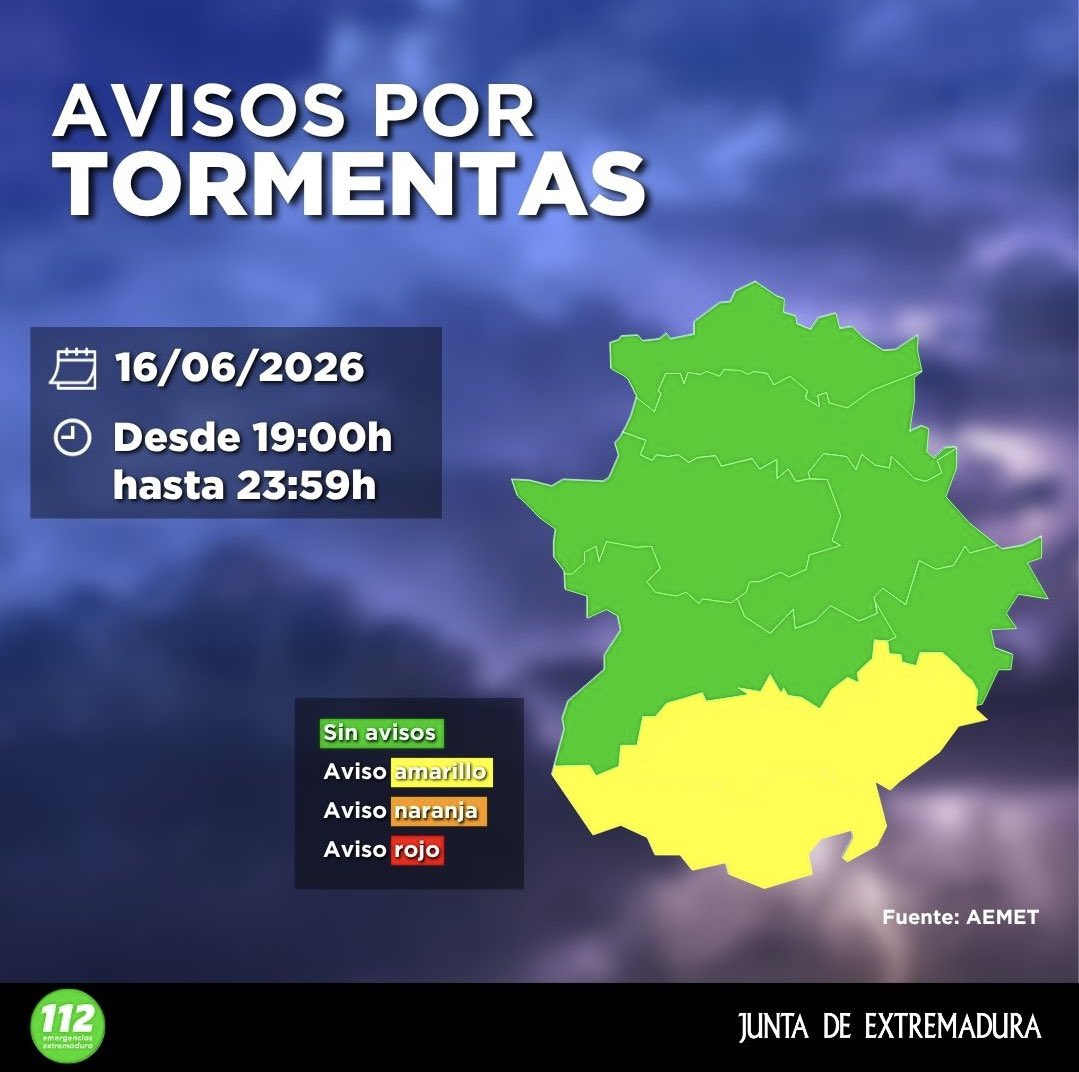 JuntaEx112's tweet photo. 🟡 Aviso AEMET por Fenómeno Meteorológico Observado 
Se activa alerta Nivel Amarillo por #TORMENTAS en provincia de Badajoz (Barros y Serena, Sur).

⏰ Desde día 16-06-26 a las 19:00 h a día 17-06-26 a las 00:00h

☎️ En caso de emergencia, llama al 1️⃣1️⃣2️⃣ https://t.co/wTV9YvS94Y