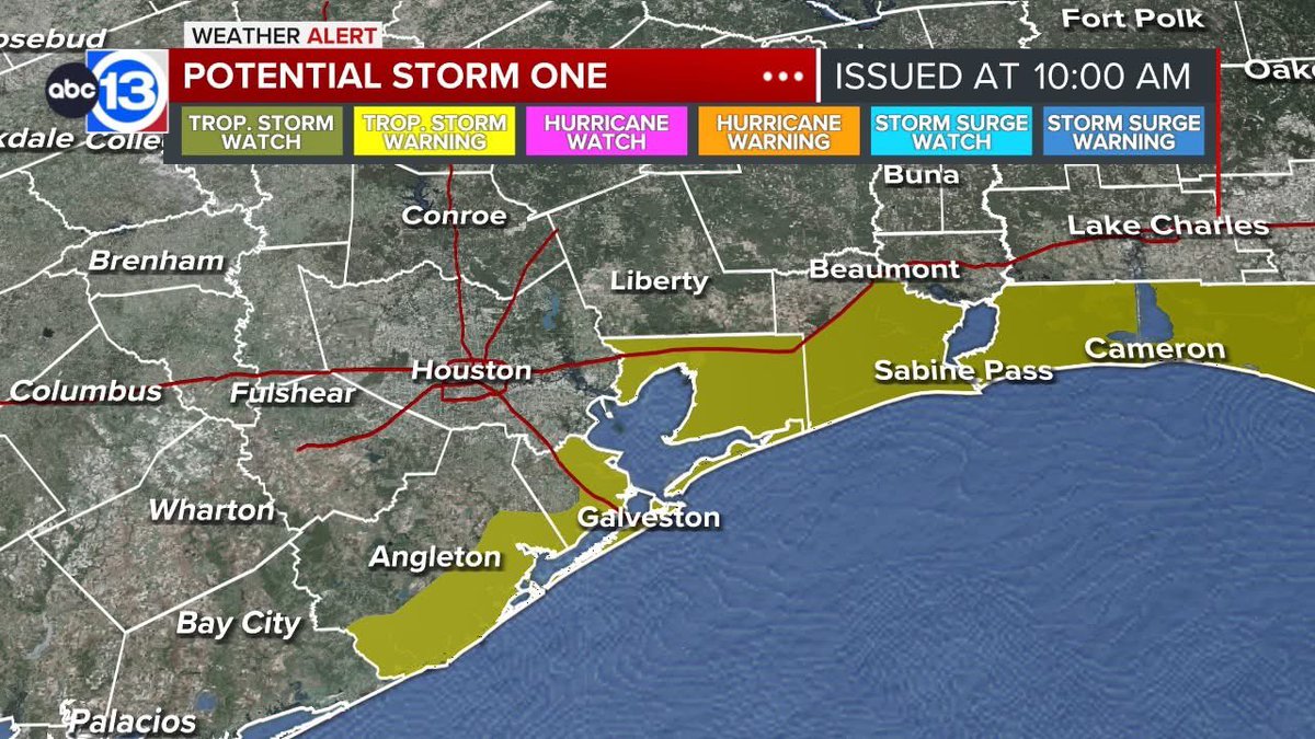 Mr_Brown75's tweet photo. Tuesday tropical update:

1) Flooding remains possible from now through the afternoon hours. Rain coverage should gradually become more isolated this evening.

2) Tropical Storm Arthur is expected to form Wednesday morning.

Brazoria County and areas east are now under a Tropical Storm Watch. That means tropical storm-force winds (39+ mph) are possible within the next 24–48 hours. The attached graphics show both the watch area and projected wind speeds.
There appears to be a more defined “dirty side” and “clean side” to this system. Wednesday may not be as stormy locally, and current data supports the heaviest rain staying mainly over the Gulf.

That said, we should not let our guard down. Heavy rain often develops near the center of tropical systems, but with weaker tropical systems, the heaviest rainfall can shift east of the center and that appears to be the setup we’re seeing.

3) Flooding remains possible through Saturday, but it looks more isolated rather than widespread. #storms #tropicalstorms