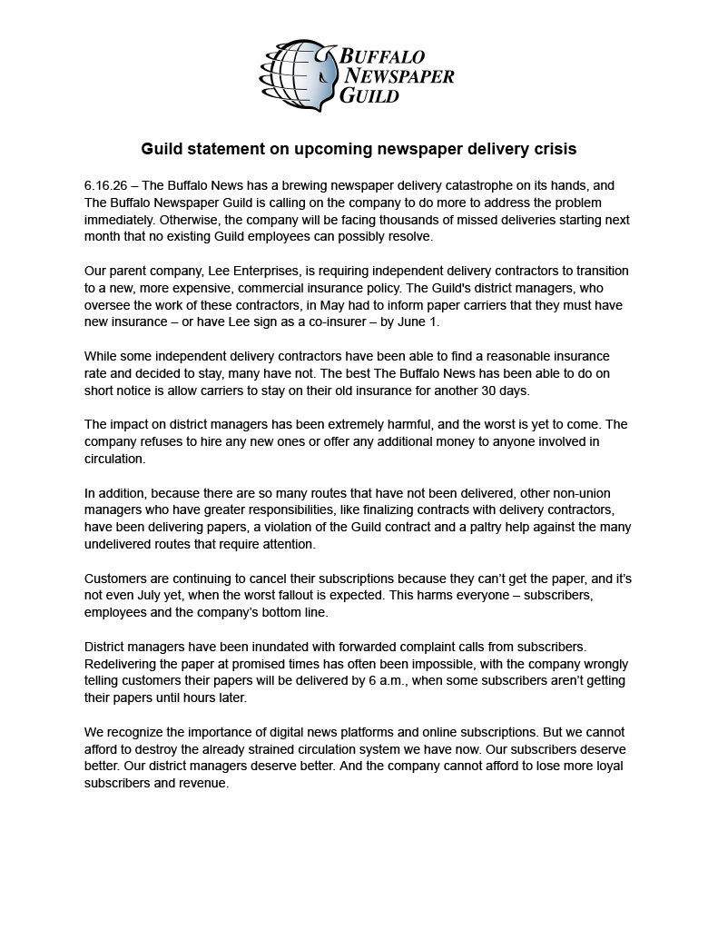 BuffaloGuild's tweet photo. Tens of thousands of @TheBuffaloNews subscribers read the paper online, but thousands also still receive the news in print, delivered to their door. Unfortunately, that print delivery system could be in jeopardy if changes aren't made by @LeeEntNews soon. Our full statement: https://t.co/0ucBjcopGc