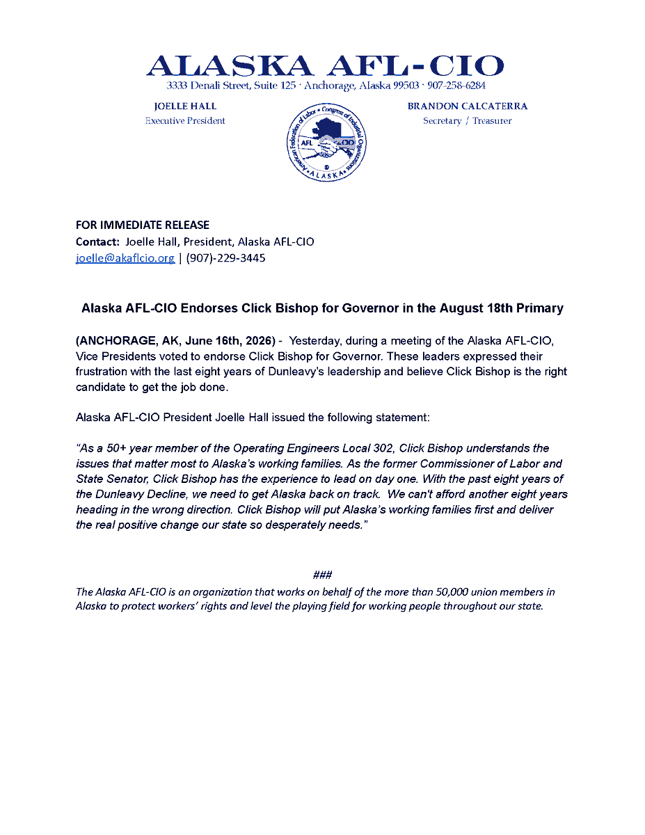 AKAFLCIO's tweet photo. Yesterday, during a meeting of the Alaska AFL-CIO, Vice Presidents voted to endorse Click Bishop for Governor. https://t.co/kwLquxcv6i