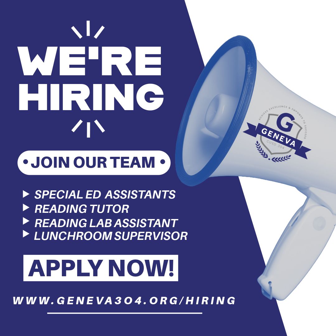Geneva304's tweet photo. Geneva 304 is hiring! We are hiring support staff. We have openings for Special Education Assistants at all levels, Reading Tutor, Reading Lab Assistant, and Lunchroom Supervisor. Take a look and apply today to join the Geneva 304 team. https://t.co/oYsJsMcQNw https://t.co/zgm91JjbAp