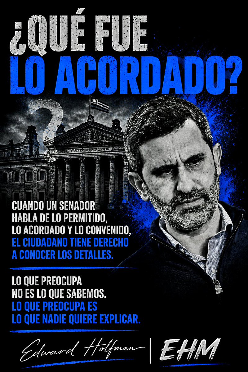 EdwardHolfman's tweet photo. Cuando escuché al senador Daniel Caggiani decir que algunos actores políticos están "corriendo ciertos límites de lo permitido, lo acordado y lo convenido", me surgió una pregunta simple,  ¿A qué se refiere exactamente? Porque si existen acuerdos políticos, el ciudadano tiene derecho a conocerlos. Si existen límites, también tiene derecho a saber quién los fijó y si hay algo "convenido", corresponde explicar entre quiénes y sobre qué asuntos. La democracia se fortalece con transparencia, no con códigos que sólo entienden quienes participan de la conversación. Lo que preocupa no es lo que sabemos, lo que preocupa es lo que no sabemos.
Porque muchas veces el problema no está en el hecho que se discute, el problema está en aquello que nadie quiere explicar. EdwardHolfman EHM