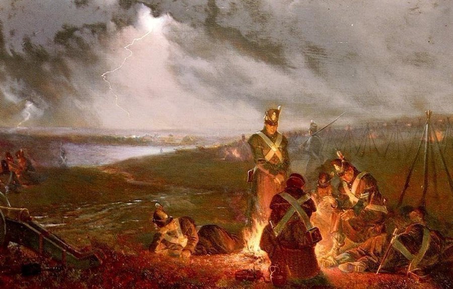 mcribbHistory's tweet photo. The night before Waterloo.

There was torrential rain, men slept in the open, attempted to get what rest they could.

Local orchards were felled for wood, farm furniture &amp; crucially the doors of La Haye Sainte were broken &amp; burnt.

Wellington's Anglo-Allied army awaited the dawn. https://t.co/PllKko2aoR