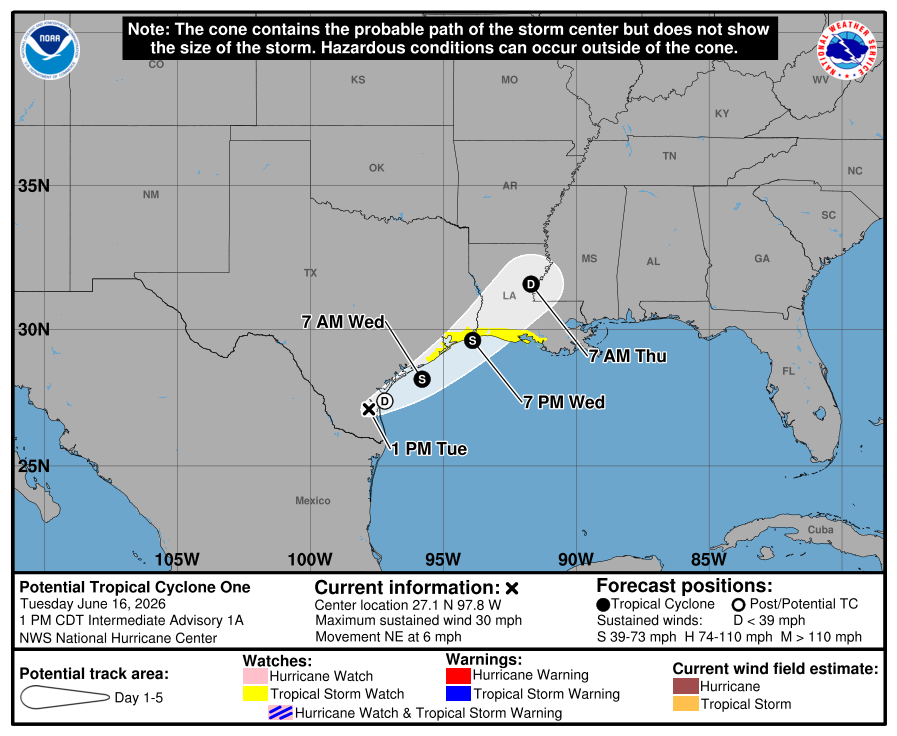 HurrWatchNet's tweet photo. BULLETIN
Potential Tropical Cyclone One Intermediate Advisory Number 1A
NWS National Hurricane Center Miami FL       AL012026
100 PM CDT Tue Jun 16 2026
 
...DANGEROUS FLASH FLOODING OCCURING OVER PORTIONS OF TEXAS AND 
LOUISIANA FROM POTENTIAL TROPICAL CYCLONE ONE....

SUMMARY OF 100 PM CDT...1800 UTC...INFORMATION
----------------------------------------------
LOCATION...27.1N 97.8W
ABOUT 55 MI...85 KM SSW OF CORPUS CHRISTI TEXAS
ABOUT 345 MI...560 KM SW OF LAKE CHARLES LOUISIANA
MAXIMUM SUSTAINED WINDS...30 MPH...45 KM/H
PRESENT MOVEMENT...NE OR 45 DEGREES AT 6 MPH...9 KM/H
MINIMUM CENTRAL PRESSURE...1006 MB...29.71 INCHES

WATCHES AND WARNINGS
--------------------
CHANGES WITH THIS ADVISORY:
 
None
 
SUMMARY OF WATCHES AND WARNINGS IN EFFECT:
 
A Tropical Storm Watch is in effect for...
* Sargent to Morgan City
 
A Tropical Storm Watch means that tropical storm conditions are
possible within the watch area, in this case within 24 to 36 hours.
 
For storm information specific to your area, including possible
inland watches and warnings, please monitor products issued by your
local National Weather Service forecast office.

DISCUSSION AND OUTLOOK
----------------------
At 100 PM CDT (1800 UTC), the disturbance was centered near latitude
27.1 North, longitude 97.8 West. The system is moving toward the
northeast near 6 mph (9 km/h), and this general motion with an 
increase in forward speed is anticipated over the next couple of 
days.  The disturbance should move offshore the Texas coast tonight 
or early Wednesday, move roughly parallel to the upper Texas coast 
later on Wednesday and move back inland in extreme eastern Texas or 
southwestern Louisiana late Wednesday or early Thursday.
 
Maximum sustained winds remain near 30 mph (45 km/h) with higher 
gusts. The disturbance is forecast to gradually strengthen and 
could become a tropical storm early on Wednesday.  Weakening is 
anticipated on Thursday after the system moves back on land.
* Formation chance through 48 hours...high...70 percent.
* Formation chance through 7 days...high...70 percent.
 
The estimated minimum central pressure is 1006 mb (29.71 inches).

HAZARDS AFFECTING LAND
----------------------
Key messages for Potential Tropical Cyclone One can be found in the
Tropical Cyclone Discussion under AWIPS header MIATCDAT1 and WMO
header WTNT41 KNHC.
 
RAINFALL: Potential Tropical Cyclone One is expected to produce
rainfall totals of 4 to 8 inches with isolated higher totals around
12 inches through Thursday from the Mid to Upper Texas Coast through
much of Louisiana, central and southern portions of Mississippi and
Alabama, and the far western portion of the Florida Panhandle. This
could generate dangerous to life-threatening flash flooding.
 
For a complete depiction of forecast rainfall associated with
Potential Tropical Cyclone One, please see the National Weather
Service Storm Total Rainfall Graphic available at
https://t.co/ZQpREEfdnD and the Flash Flood Risk
graphic at https://t.co/9JDyHh5SOG
 
For a list of rainfall observations (and wind reports) associated
this potential tropical cyclone, see the companion storm summary at
WBCSCCNS1 with the WMO header ACUS44 KWBC or at the following link:
https://t.co/ZSYo0EdqdR
 
WIND:  Tropical storm conditions are possible within the watch
area beginning early Wednesday.
 
STORM SURGE:  The combination of a dangerous storm surge and the
tide will cause normally dry areas near the coast to be flooded by
rising waters moving inland from the shoreline.  The water could
reach the following heights above ground somewhere in the indicated
areas if the peak surge occurs at the time of high tide...
 
Port Bolivar, TX to Morgan City, LA...2-4 ft
 
The deepest water will occur along the immediate coast near and to
the east of the landfall location, where the surge will be
accompanied by large and dangerous waves.  Surge-related flooding
depends on the relative timing of the surge and the tidal cycle,
and can vary greatly over short distances.  For information
specific to your area, please see products issued by your local
National Weather Service forecast office.
 
For a complete depiction of areas at risk of storm surge
inundation, please see the National Weather Service Peak
Storm Surge Graphic, available at
https://t.co/S5H6Qu0Ht5.
 
SURF:  Swells generated by the Potential Tropical Cyclone are
likely to cause life-threatening surf and rip current conditions
along the northwestern Gulf Coast for the next couple of days.
Please consult products from your local weather office.
 
A depiction of rip current risk for the United States can be found
at:
https://t.co/vmRzAvl6fT
 
TORNADO: A tornado or two is possible through tonight from the
Upper Texas coast across southern Louisiana, Mississippi, Alabama
and the Florida Panhandle.

NEXT ADVISORY
-------------
Next complete advisory at 400 PM CDT.
 
$$
Forecaster Blake

#WeatherReadyNation #WRN #SKYWARN #CANWARN #Hamradio #AmateurRadio #SATERN #HurricaneHams #TXwx #LAwx #MSwx