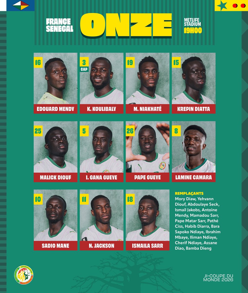 DataFutebol's tweet photo. França e Senegal escalados para o jogo de logo mais! 🇫🇷🇸🇳 https://t.co/Xnry2vC5no