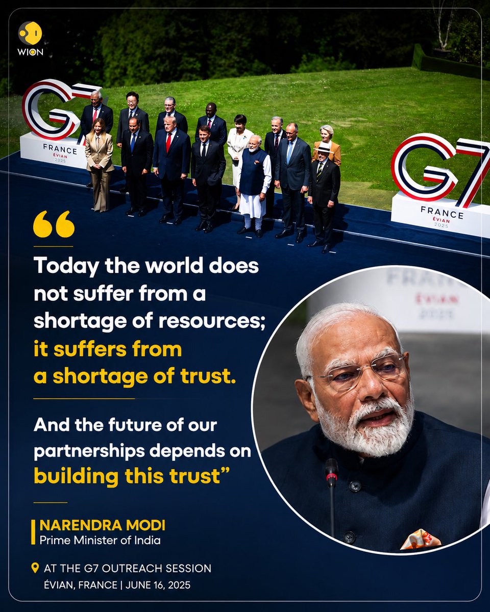 WIONews's tweet photo. PM Narendra Modi at the G7 Summit:

"Today the world does not suffer from a shortage of resources; it suffers from a shortage of trust" https://t.co/G4LKEuGdcR