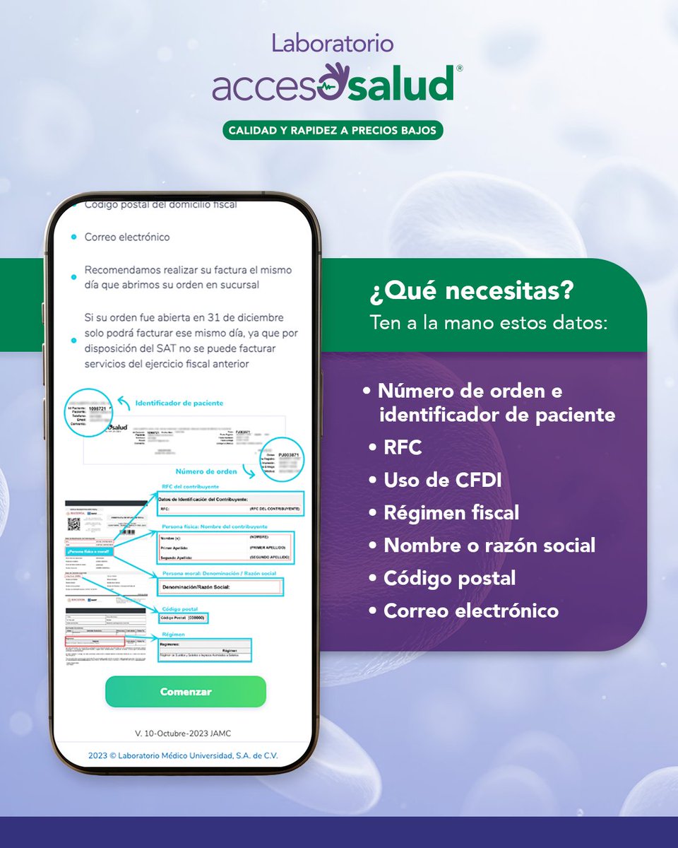labaccesosalud's tweet photo. Solo necesitas tus datos fiscales y la información de tu orden para obtener tu factura en minutos. ✨

🌐 Hazlo directo en nuestro sitio web: https://t.co/rCpDUNElCL

💬 ¿Tienes dudas sobre tu facturación? Escríbenos en comentarios y te ayudamos. https://t.co/OpYhgVPf6p