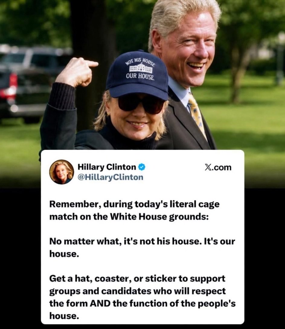 bloggernnabuike's tweet photo. "Keep this in mind during today’s literal cage match at the White House:  
No matter what happens, it’s not his house. It’s our house.

Grab a hat, coaster, or sticker to back groups and candidates who will honor both the form and the function of the people’s house.

🔥 For now, it’s still our house. A UFC fight at the White House feels about as American as it gets. Just imagine the kind of performative nonsense Kamala would have planned there for America’s 250th birthday!"