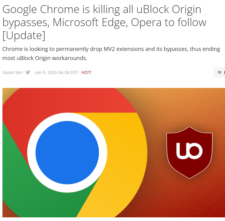 antonello's tweet photo. Esta vez sí, Google se va a cargar muchas de las extensiones que bloquean la publicidad.

El creador de uBlock Origin lo explica: Chrome/Chromium está eliminando el sistema de extensiones "Manifest v2" del que dependen uBO y muchas otras. 

Se salta a otro menos potente con el resto de navegadores basados en Chromium teniendo que tomar decisión al respecto: Edge, Opera entre otros.

Lo que sí funcionará será uBlock Origin Lite, pero se pierden cosas. Es mucho menos eficaz contra los anti-adblockers que pudan usar las webs, se pierden reglas y filtros, el control fino y opciones avanzadas...

Brave dice que continuará permitiendo uBlock (ya veremos) y siempre queda la gran alternativa: Firefox.

https://t.co/ZdaAhl28Vy