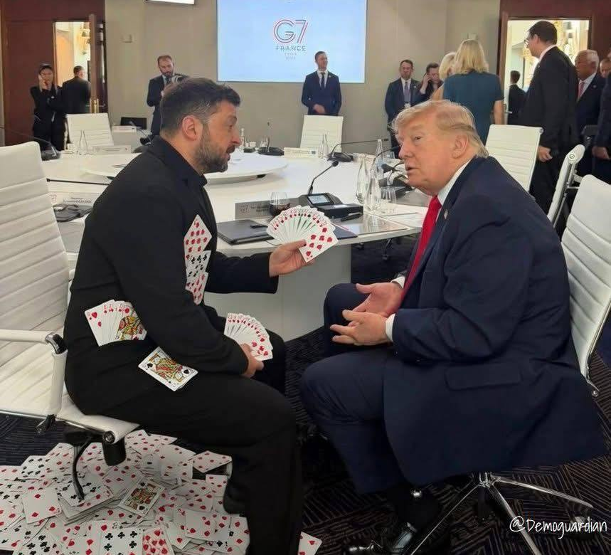 Heroiam_Slava's tweet photo. Private Zelenskyy–Trump meeting set for tomorrow at G7: Fruitful cards anticipated. https://t.co/ReYp0zlYNR