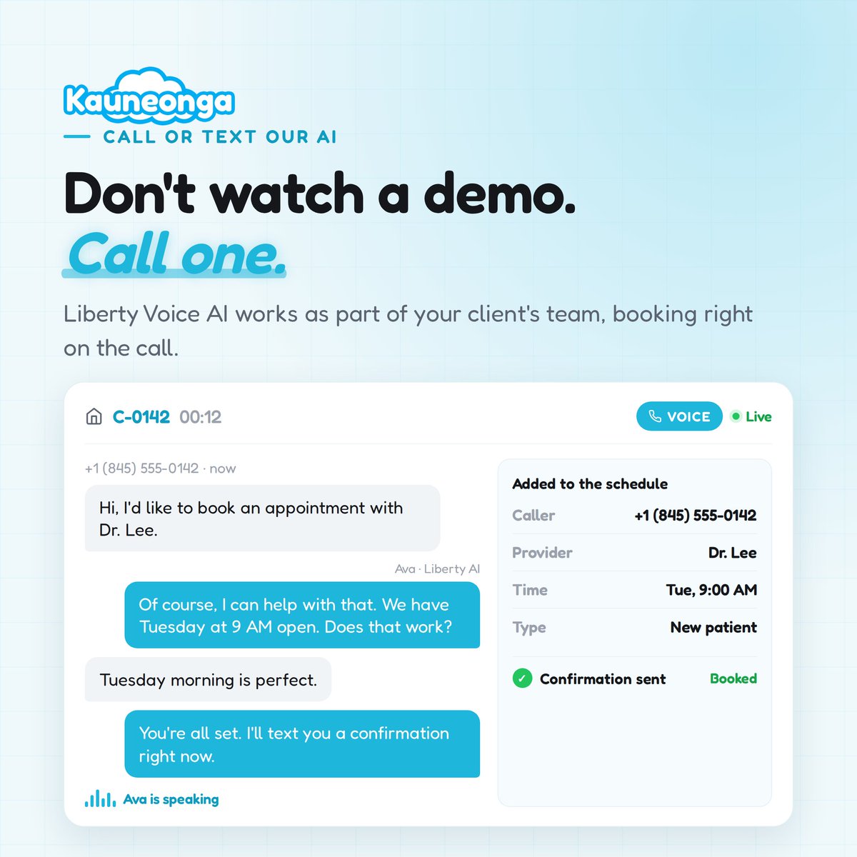 kauneonga_llc's tweet photo. You cannot really judge an AI receptionist from a feature list. So do not.

A caller asks to book with Dr. Lee, and the AI offers an open time, books it, and texts the confirmation before the call ends.

Book a demo today: (800) 369-1400 https://t.co/UCj0b8k4oP
