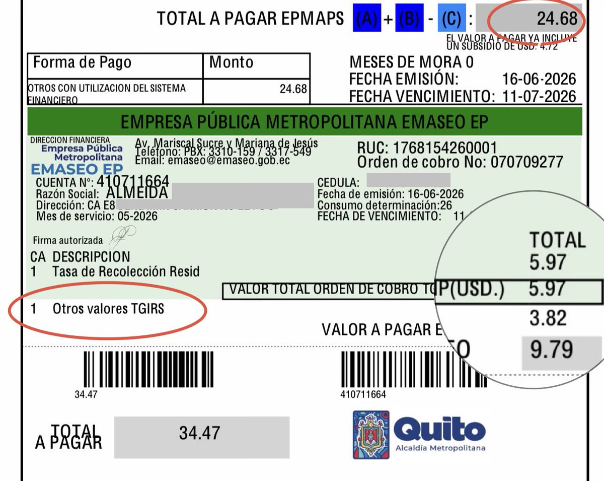 geovy02's tweet photo. @EmAseoQuito me pueden indicar por favor a qué corresponde ese valor de cobro que dice “otros valores TGIRS”?
@WilsonMerinoR @fidelchambav @campanaUIO @pabelml https://t.co/K1r5D82ZLA
