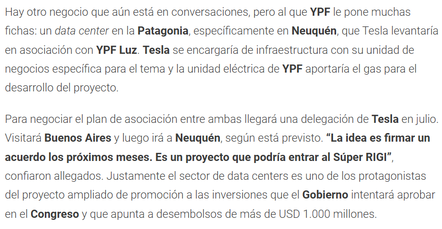 CristianGeo7's tweet photo. Tesla desembarca en Argentina: acuerdo con $YPF, proyecto para un mega data en la Patagonia y competencia feroz con China. La empresa de vehículos autónomos de Elon Musk nombró a un country manager para el país y Uruguay. Sus primeros negocios locales estarán vinculados a uno de sus verticales, la energética. ¿Súper RIGI para un mega proyecto?
https://t.co/a3U1z1IDIW