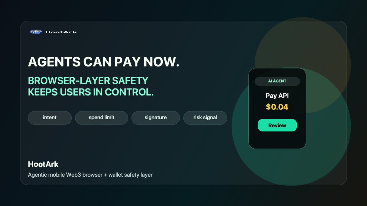 HootArk_'s tweet photo. AI agents just became paying web users. 🤖💸

AWS + Coinbase are pushing x402 for agent payments. The next UX war is trust: what is the agent buying, from which wallet, under what limit?

Browser-layer safety beats blind automation. 🛡️

#HootArk #Web3 #AI https://t.co/Zshng0MY7F