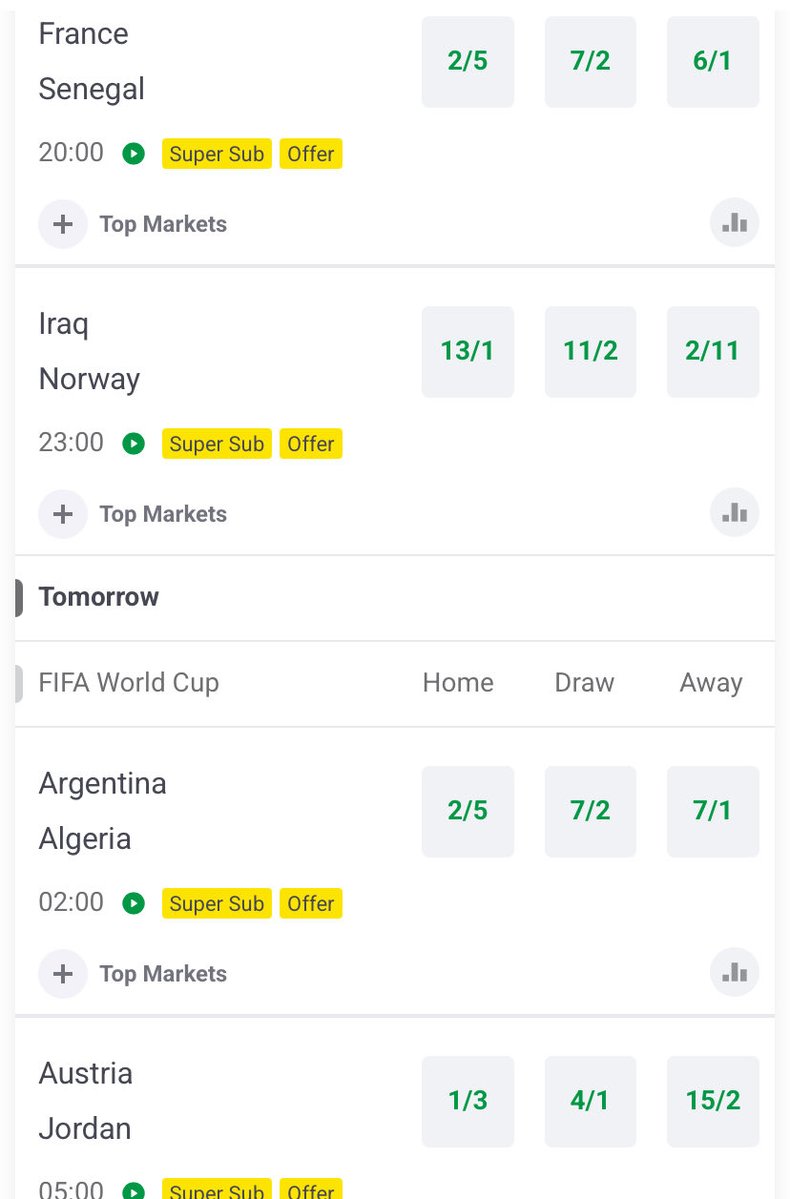 PPOffers's tweet photo. ⚽️ Odds for today/tomorrow morning’s World Cup games👇

Full markets 👉 https://t.co/6HBreOPyHj

18+ GambleAware https://t.co/tWxiobNyKr