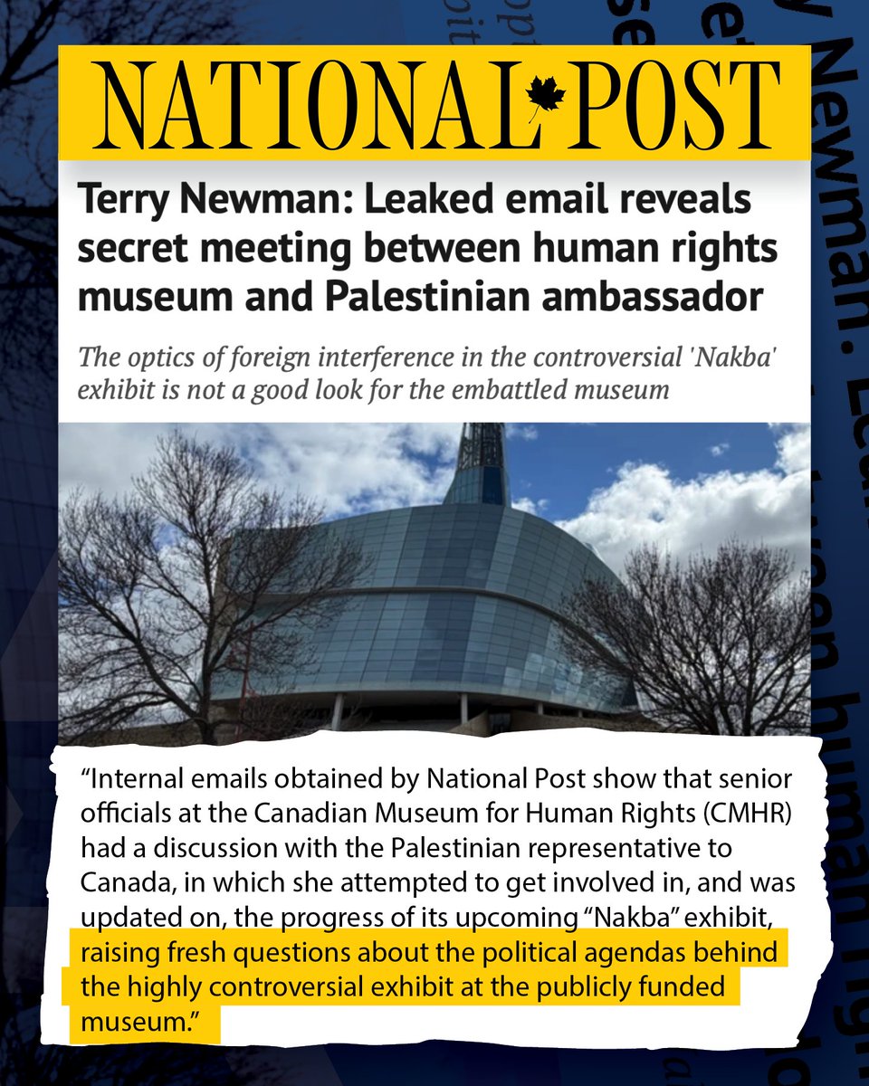 CIJAinfo's tweet photo. Why was a representative of the Palestinian Authority, an entity that continues to reward terrorists through its "pay-for-slay" program, being updated on and discussing a controversial exhibit at Canada's publicly funded human rights museum?

As reported by @nationalpost's @terrynewman, the Canadian Museum for Human Rights @CMHR_News needs to reveal what was discussed with the representative regarding the exhibit. It is imperative that the museum demonstrates that the institution is not being instrumentalized in service of a dangerous political agenda. Canadians deserve full transparency of their publicly funded national museum.

Read more: https://t.co/agW7EV9m3E