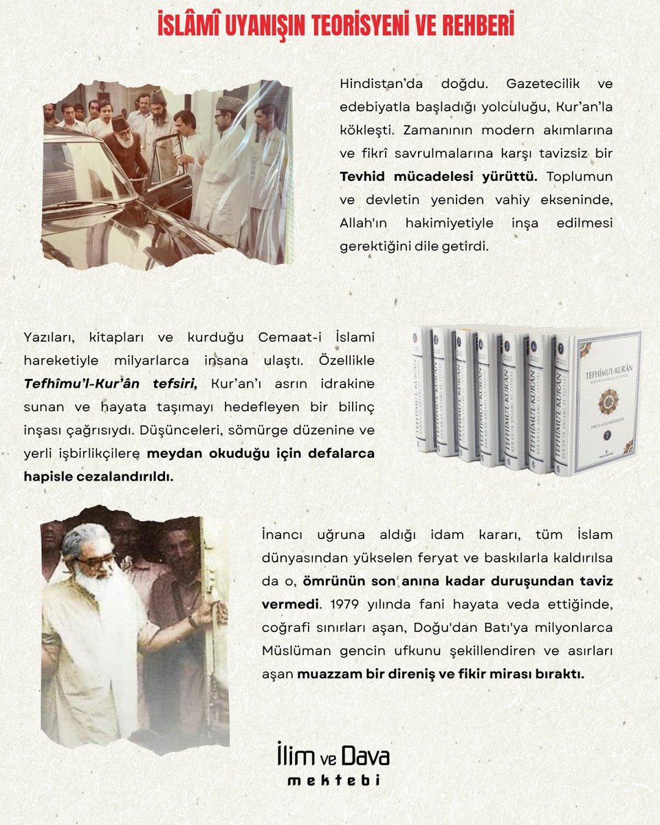 ilimdavamektebi's tweet photo. "DAVA ADAMLARI" SERİSİ-6 

Ebu’l-A‘lâ Mevdûdî (1903-1979)
Kalemiyle, fikriyle ve ortaya koyduğu İslami mücadele anlayışıyla modern çağın meydan okumalarına karşı duran büyük bir mütefekkir. İslam’ın hayatın bütün alanlarını kuşatan bir nizam olduğunu savunan, baskılara ve hapis yıllarına rağmen davasından taviz vermeyen bir dava adamı. Geride bıraktığı eserleri ve yetiştirdiği nesillerle ümmetin fikrî dirilişine yön veren öncü şahsiyetlerden biri...