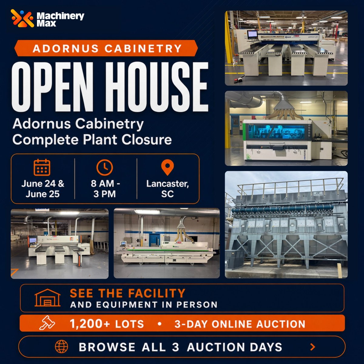 MachineryMax's tweet photo. Open House for the Adornus Cabinetry Complete Plant Closure auction.

📍 Lancaster, SC 
📅 June 24 and June 25
⏰ 8 AM to 3 PM (ET)

Browse all 3 auction days: https://t.co/d9kPZGH0Gm https://t.co/DGC3W9ocMZ