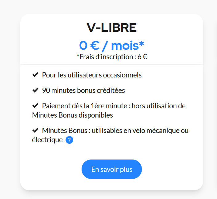 JeanineConcerto's tweet photo. Bonjour @Velib, avant le forfait V-LIBRE était à 0€/mois et on payait quand on utilisait. Maintenant, on paye 6€ de frais d'inscription, donc le forfait est à 50cts / mois.
C'est une présentation malhonnête.
Pourquoi 6€ de frais d'inscription d'ailleurs ? https://t.co/HMTmGDgXmz