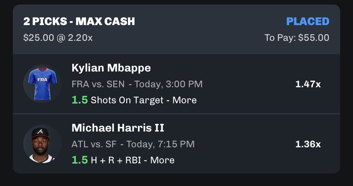 DailyEdgeSports's tweet photo. WORLD CUP + MLB | @ChalkboardHQ | 2-PICK | 6/16/2026

Kylian Mbappé More 1.5 Shots on Target
Michael Harris II More 1.5 H+R+RBI

2.20x. Tail link in replies 👇 like + follow for daily picks #mlb https://t.co/xP75nmK4z3