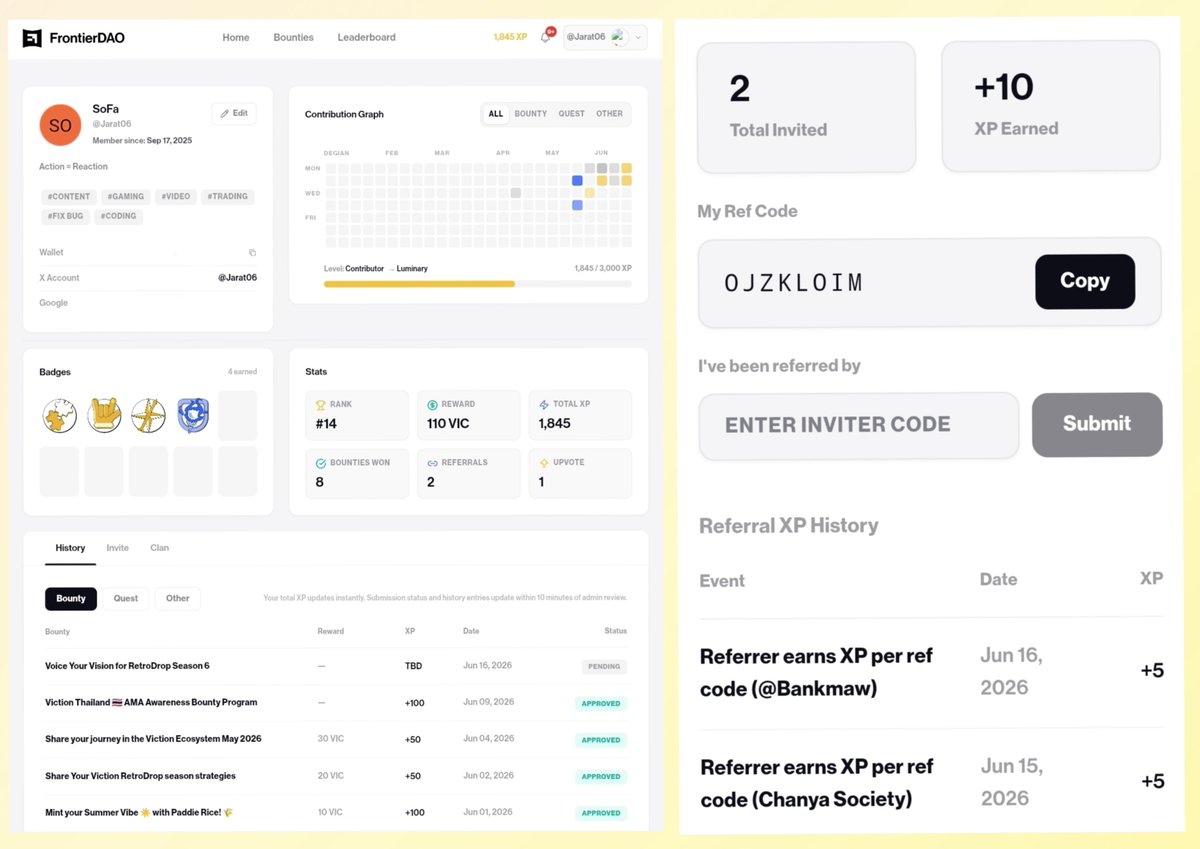 Jarat06's tweet photo. 1/3

What I like most about FrontierDAO 4.0 is that it rewards real contribution.

Every quest, bounty, and interaction helps build reputation through XP, badges, clans, and leaderboards.

🔗 https://t.co/7yEHqg53Mv

Referral Code: OJZKLOIM

#FrontierDAO #VictionVanguard #Viction https://t.co/n1zBFSP0jc