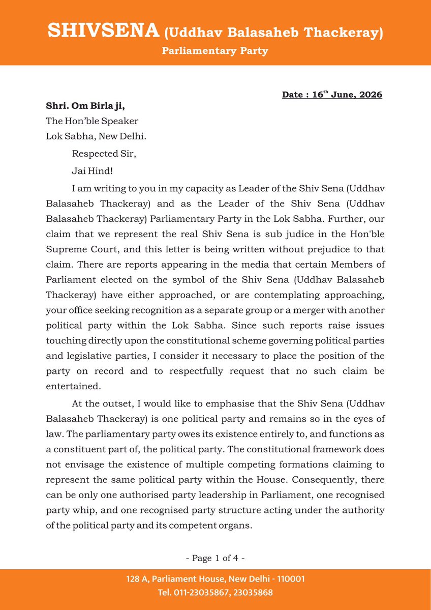 AGSawant's tweet photo. Earlier today, following the instructions of our Hon'ble Party President Shri Uddhav Thackeray Saheb I have written to the Honourable Speaker of the Lok Sabha, Shri Om Birla ji: https://t.co/mR55DbHYvx