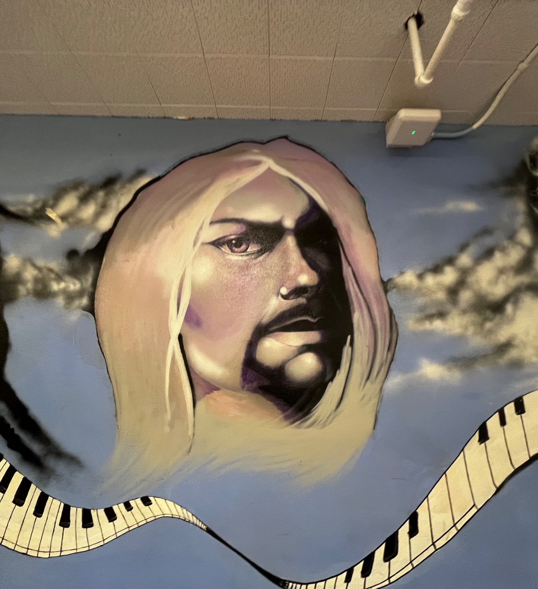 shmooles's tweet photo. Working at Hollywood high today and nothing makes me giggle like horrible murals
Why did they make Kurt look like he’s a scooby doo protoplasm head from the soul pool? https://t.co/OSR0kaCfOc