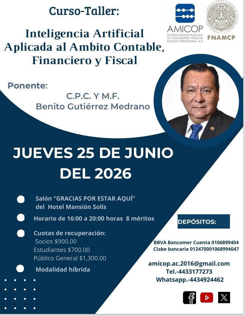 AmicopAc's tweet photo. 📌Curso - Taller "Inteligencia Artificial aplicada al Ámbito Contable, Financiero y Fiscal."  📆Jueves 25 de Junio de 2026📍Hotel Mansión Solís salón GRACIAS POR ESTAR AQUÍ  ⏰Horario de 16:00 a 20:00  horas🤓 https://t.co/X8Eb7LhOTr