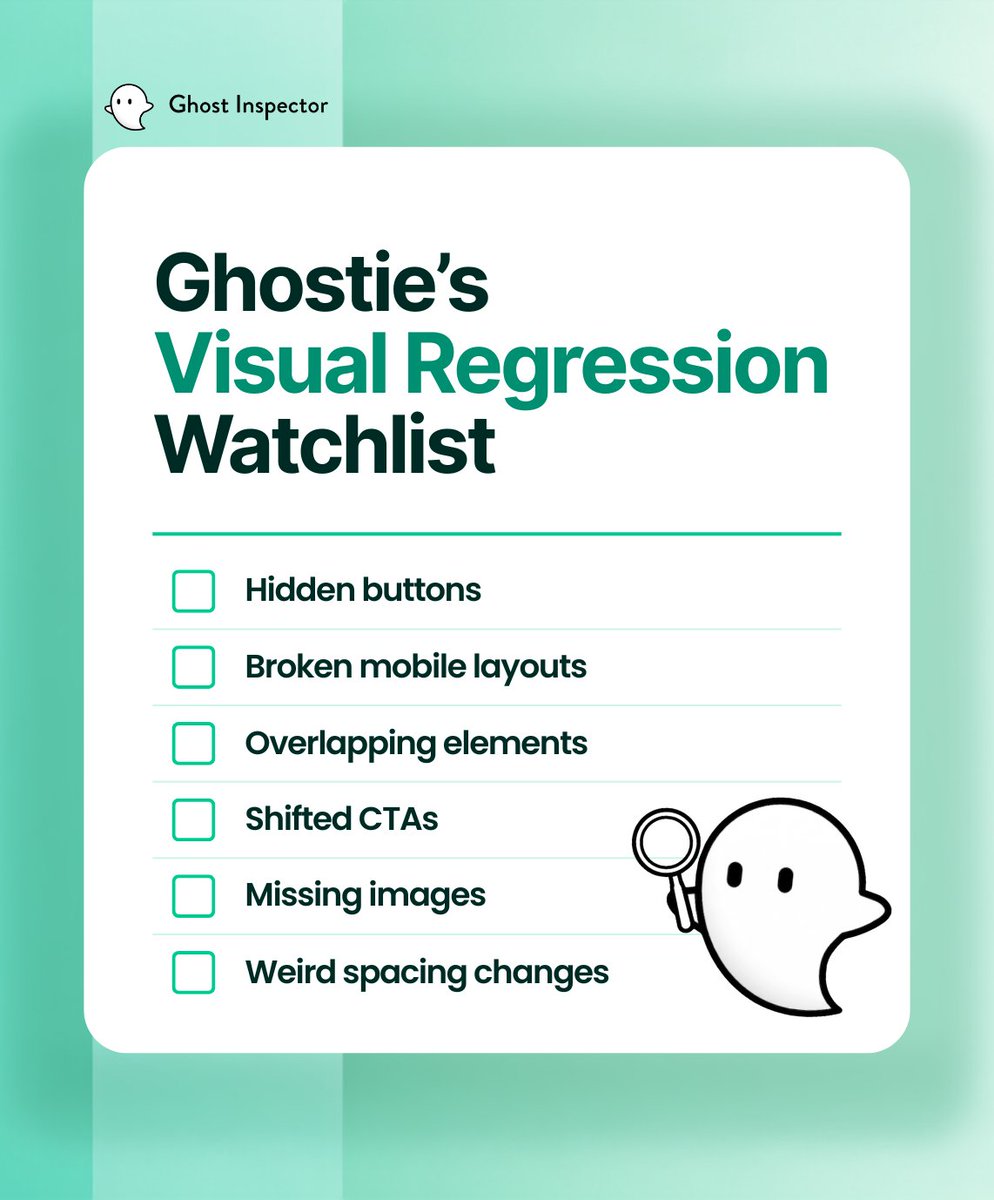 GhostInspector's tweet photo. A passing test is great.

But Ghostie still checks what users actually see.  👻 🔍

Sometimes the button clicks, the form submits, and the page loads… but the UI still looks broken.

That’s where visual testing helps.

https://t.co/NoFuWxixfz

#VisualTesting #UX #GhostInspector https://t.co/Xr9jcndrkM