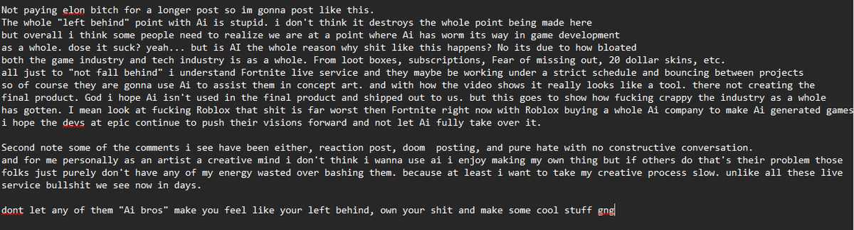 lexgioplaygame's tweet photo. eh whatever go my screenshot talking about this hot fortnite topic about Ai usage in concept art. (long story short  im anti ai but i like to see the bigger picture as to why shit like this happens) https://t.co/VBF0PwVbhZ