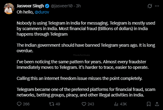 thatindicmonk's tweet photo. BJP bans Telegram for 6 days on the pretext of handling paper leaks on Telegram. Well, that is the PR line for the media. What is the real intention though ?

Always try to understand the "TRUTH behind the TRUTH". No decision of BJP is taken because some babus are too stupid. We get caught in this trap. Including @theskindoctor13 and @amitkilhor. But the reality is different. Babus and ministries are NOT stupid. They know what they are doing. Everyone knows scammers will merely move to other apps. So why did they do it ?

It was to throttle Telegram. Using Reliance, they have been banning users outside India by forcing network operators to reject reroutes. 

The real intention is to SEND a message to Telegram. To comply like Twitter and Instagram and share IP addresses of dissenters.

The real objective is always this. Find dissenters, especially Right of the Right wing dissenters and take them out. LW dissenters do not matter as more they abuse BJP along with Hinduism, the more they push Hindus towards BJP. It is the Right of the Right wing dissenters that expose the #FraudofBJP. They must not be allowed to continue.

BJP doesn't care about paper leaks. Neither do they care about student lives and careers. The only thing that matters - WIN at ANY cost. POWER

With Telegram not sharing such details, the real game was always about compliance. Check the below screenshots from BJP Chatukars.