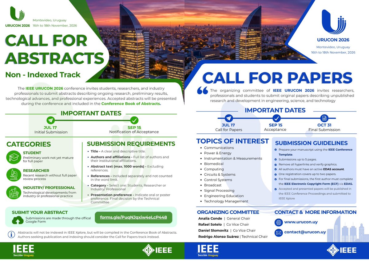 IIE_FIng_UdelaR's tweet photo. 👋Compartimos información sobre el URUCON 2⃣0⃣2⃣6⃣, la conferencia uruguaya de la @IEEE_UY  que tendrá lugar en Montevideo del 16 al 18 de noviembre 🇺🇾🇺🇾🇺🇾
Más info en : 🔗https://t.co/tkKdfS1q1q https://t.co/vfYkg00I7A